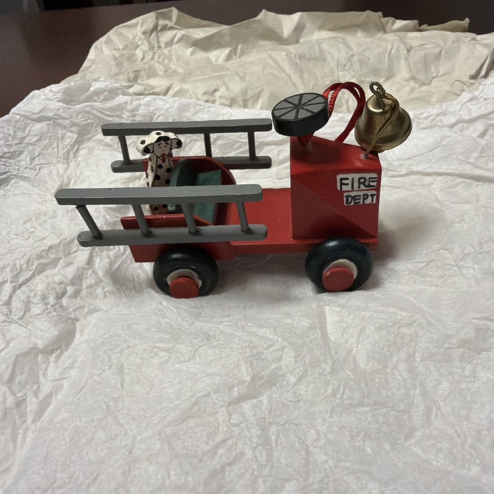 Wooden Fire Truck Christmas Ornament Dalmatian Dog Firefighter Holiday Decor